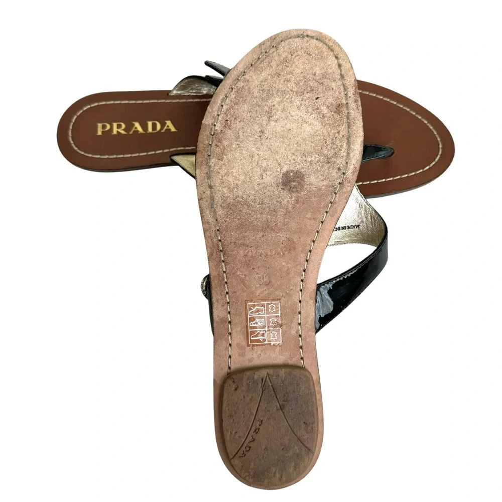 PRADA Black Patent Flat Sandals Leather Thong Slides Women’s 38 - Picture 17 of 17